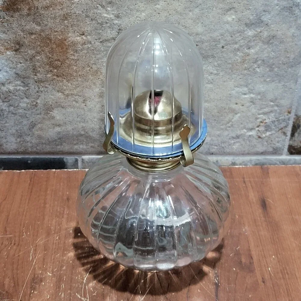Vintage Golden Globe Clear Glass Kerosene Oil Lamp Ribbed Base